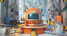 an orange robot with two panda bears on it's head and some wires in the background