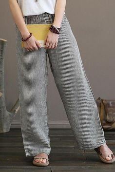 Female ankle-length casual pants . with pockets . is very suitable for office hours. You can pair it with a blazer in the autumn. Item Code: 1401897779262 Item Type: Women Pants Material: 100%Linen Season: Summer .Autumn .Winter Style: Casual .Retro Pattern: Stripe Length: Ankle-length Waist: Natural Popular Elements:Pockets .Elastic Waist Combination: Single-Piece Color: Black Linen Pants Black, Patterned Pants, Black Capri Pants, Cotton Linen Dresses, Capsule Outfits, Corduroy Dress, Chiffon Maxi Dress, Cropped Trousers, Pants Pattern