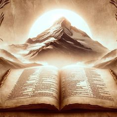 an open book with mountains in the background and light coming from it's center