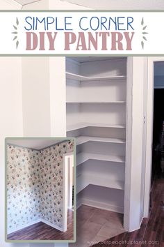 an empty pantry with the door open to reveal it's new shelves and wallpaper