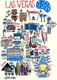 the las vegas map is drawn in red, white and blue