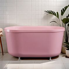 a pink bath tub sitting on top of a tiled floor next to a potted plant