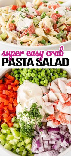 pasta salad with peas, carrots and celery in a white bowl