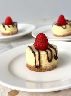 three small desserts on white plates with raspberries