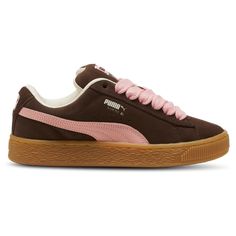 PUMA Suede XL | Foot Locker Shoes Size 6 Womens, Rare Puma Shoes, Dombas Shoes, Brown Pink Shoes, Trendy Gym Shoes, Pink And Brown Shoes, Cute Puma Shoes, Puma Suede Xl Outfit Woman, Shoes For Winter Womens