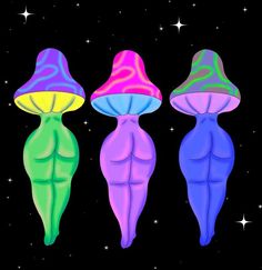 three different colored figures are standing in the night sky with stars behind them, and one is wearing a hat