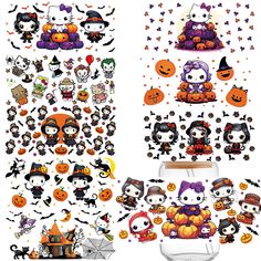 various halloween stickers and decorations on a white background, including pumpkins, cats, bats