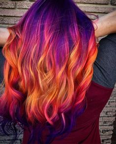 33+ Drop-Dead Beautiful Sunset Hair Styles that Will Turn Heads 3 Purple Halloween Hair, Red Purple And Blonde Hair, Sunset Hair Color Peek A Boo, Bright Colour Hair Ideas, Short Fun Colored Hair, Purple Sunset Hair, Fire Colored Hair, Bright Summer Hair Color, Danger Jones Hair Color