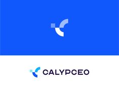 the logo for calypceo is shown on a blue and white background with an arrow