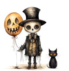 a cat sitting next to a skeleton with a top hat on and a balloon in the shape of a skull