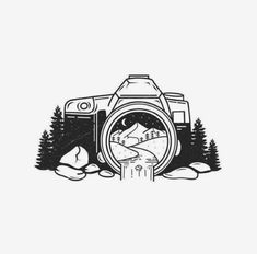 a black and white drawing of a camera with mountains in the background, surrounded by trees