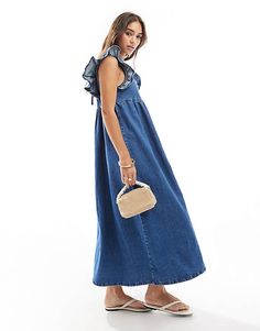 ASOS DESIGN soft denim smock maxi dress with bow back in midwash blue | ASOS Denim Embroidery Dress, Casual Denim Blue Maxi Dress, Spring Denim Blue Maxi Dress, Maxi Length Denim Dress In Denim Blue, Casual Medium Wash Maxi Length Dress, Chic Spring Denim Maxi Dress, Casual Medium Wash Maxi Dress, Casual Maxi Length Denim Dress, Chic Dark Wash Summer Midi Dress