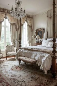 a large bed sitting in a bedroom next to two chairs and a chandelier