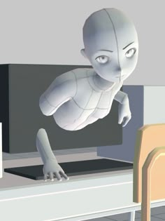 a white robot is standing in front of a television