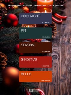 christmas candles and decorations on a wooden table with the words holly night fir season, christmas bells