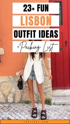 a woman standing in front of a red door holding a sign that says 25 fun lisbon outfit ideas packing list