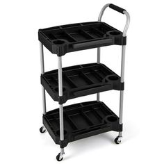 a three tiered black plastic cart with wheels and two trays on each side