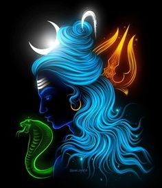 a woman with long blue hair and a snake on her head, in the dark