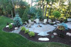 a fire pit surrounded by lawn chairs and trees