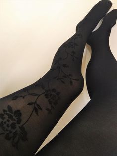 Black Tights With Design, 6form Outfits, Sally Ahs, Fontaine Oc, Pretty Tights, Flower Tights, Gothic Tights