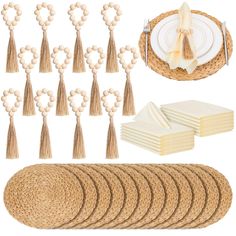 a bunch of plates and napkins with tassels on them