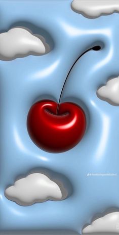 a cherry floating in the air with clouds around it and an object above that appears to be floating on water