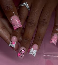 Gel Nails Ideas Baddie Short, Nails Design With Rhinestones Pink, Short Acrylic Nails Designs Black Women, Pink And White Nail Inspo Short, I Love Me Nails Aesthetic, Hello Kitty Short Nails With Charms, Birthday Nails￼, Short Short Nail Ideas, Pink Birthday Nails Acrylic Short