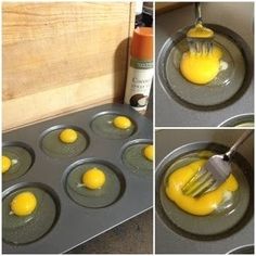 there are four pictures of an egg being cooked in a muffin tin with a spatula