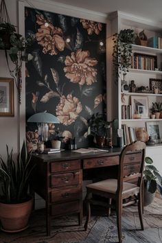 a room with a desk, bookshelf and potted plants on the wall