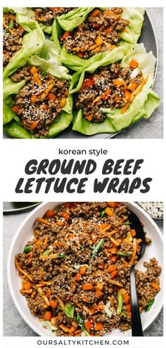 lettuce wraps with ground beef and carrots in them on a white plate