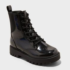 Elevate your child's shoe game with these Rochelle Lace-Up Combat Boots from art class™. These no-heel boots boast a black faux-leather upper with glitter accents, round toe, and soft fabric insole and lining. Enhanced with a black lace-up front, side zipper, elastic panel and pull tab, the closed-toe shoes keep your child comfortable wherever they go. art class™: One-of-a-kind looks for the one and only you. Black Boots With Laces, Green Combat Boots, No Heel Boots, Style Combat Boots, Boots With Laces, Girls Black Boots, Goth Boots, Sneaker Art, Lace Up Combat Boots