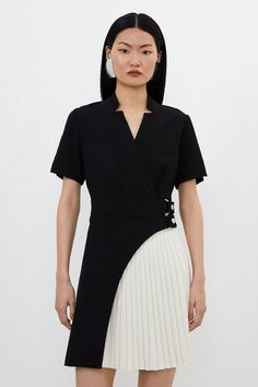 Tailored Military Pleat Notch Neck Wrap Mini Dress | Karen Millen Dresses With High Collars, Luxury Knee-length Mini Dress With Pleated Waist, Spring Wedding Guest Dress, Ibiza Outfits, Notched Neckline, Wrap Mini Dress, Italy Outfits, Paris Outfits, Petite Skirt