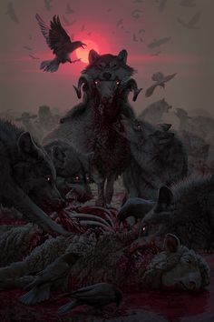 an image of a group of animals in the middle of a dead body with birds flying around