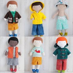 the dolls are wearing different clothes and hats