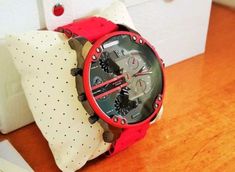 Designer Red Watch As A Gift, Casual Red Chronograph Watch, Red Dial Watch Men, Red Casual Chronograph Watch, Casual Red Analog Watch, Diesel Jewelry Men, Red Automatic Watch With Round Dial, Red Modern Chronograph Watch With Metal Dial, Diesel Watches For Men