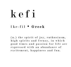 the words kefi and greek are written in black ink on white paper with an image of