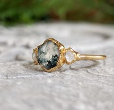 Moss Agate and Herkimer diamond ring in 18k Gold setting Rough Cut Diamond Engagement Ring, Raw Moss Agate Ring, Engagement Ring Stone Shapes, Engagement Ring Small Stone, Outdoorsy Engagement Rings, Moss Agate Wedding Ring Set, Raw Cut Engagement Ring, Salt And Pepper Engagement Rings, Moss Engagement Ring