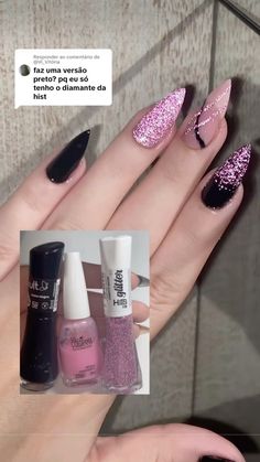 Colorama- petala Vult- cisne negro Hits- glitter rosa Pink Black Nails, Glitter Rosa, Retro Nails, Nails Desing, Nails Inspo, Best Acrylic Nails, Perfect Nails, Diy Nails