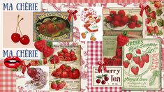 a collage of strawberrys and cherries with the words merry tea