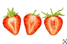 three strawberries are shown on a white background