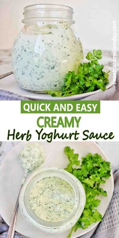 two pictures showing how to make creamy herb yogurt sauce