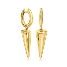 Ross-Simons - Italian 18kt Yellow Gold Spike Huggie Hoop Drop Earrings. 1 3/8". Finely crafted in Italy, these 18kt yellow gold huggie hoop earrings dangle stylish spike drops for a look that's edgy and unique. Perfect for modernizing any look, just a touch! Hanging length is 1 3/8". Hinged post, 18kt yellow gold spike huggie hoop earrings. Spike Jewelry, Spiked Jewelry, Gold Huggie Hoop Earrings, Hoop Drop Earrings, Huggie Hoop Earrings, Gold Hoops, Earrings Dangle, Dangle Earrings, Fine Jewelry