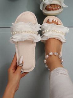 Fashionable Lace And Cloth Pearl Women Home Slippers For Girls, Spring And Autumn New Style Beige Fashionable    Plain    Women Shoes, size features are:Bust: ,Length: ,Sleeve Length: Pearl Shoes Outfit, Off White Clothes, Diy Shoes Heels, Pearl Slippers, Diy Pearl Necklace, Bride Slippers, White Platform Sandals, Roller Skate Shoes, Bridal Henna Designs