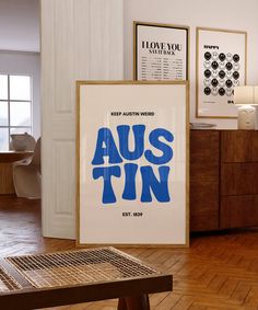 there is a poster on the floor in this room that says, aus tin but you can't see it