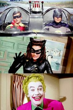 two pictures of the same person as batman and catwoman, one in pink with green hair