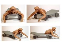 four pictures of a man laying on a skateboard with wheels and arms stretched out