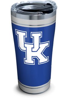 the kentucky university logo is shown on a blue and silver tumbler