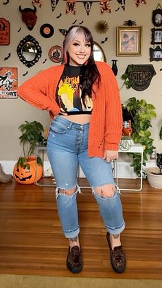 orange cardigan layered over beavis and butthead tee from walmart, jeans from walmart, leopard loafers from vans Cat Mom Outfits, Dispensary Outfits, Alt Mom Style, Plus Size Fair Outfit Ideas, Alt Outfits Jeans, Mid Size Edgy Outfits, Plus Size 80s Outfits, Alt Mom Outfits, Plus Size 90s Outfits