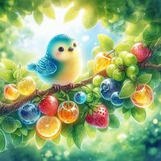 a bird sitting on top of a tree branch filled with lots of fruits and berries