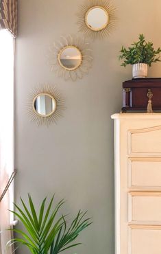 three mirrors are hanging on the wall above a dresser and potted plant in a living room